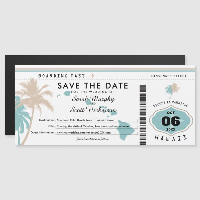 Save the Date Palm Tree Boarding Pass to Hawaii Magnetic Invitation (Front/Back)