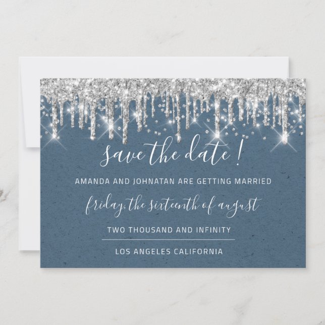 Save The Date Paper Kraft Silver Grey Drip Blue (Front)