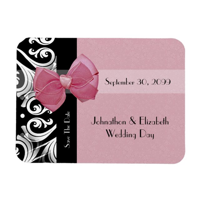 Save The Date Parisian Wedding Pink Bow and Name Magnet (Horizontal)
