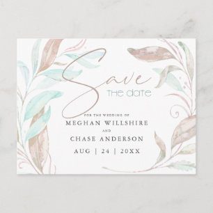 SAVE THE DATE   Pastel Coral Aqua Leaves Postcard