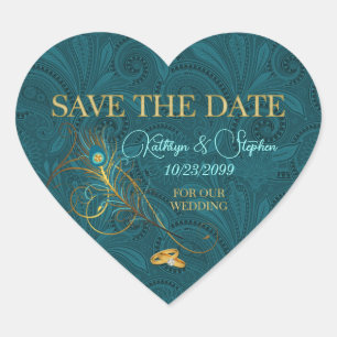 Save the Date Peacock Wedding Heart Sticker