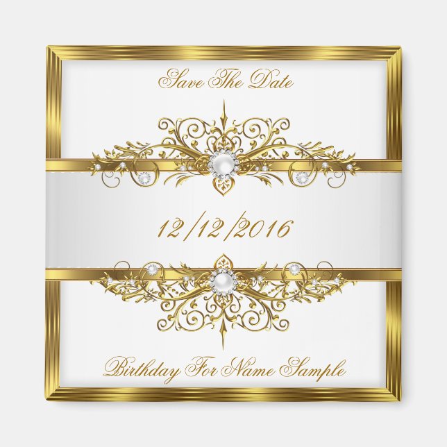 Save The Date Pearls White Gold Birthday Party Magnet (Front)