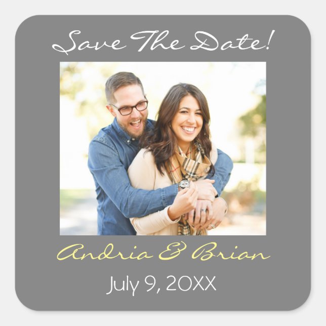 Save The Date/ Personalise Photo/Grey White Yellow Square Sticker (Front)