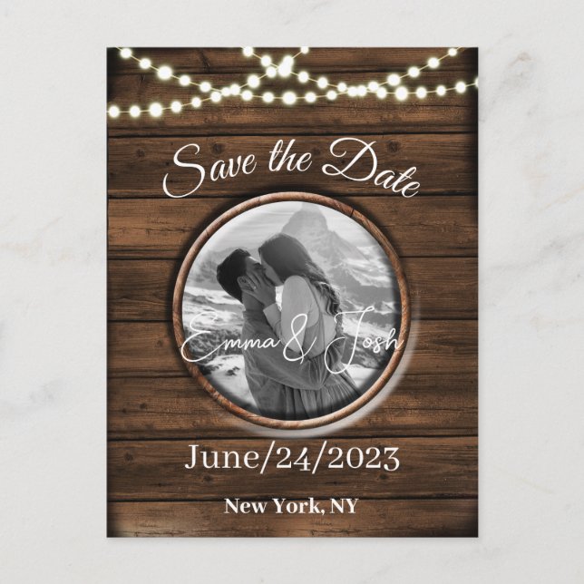 Save the Date Personalised Rustic Wood Design Postcard (Front)