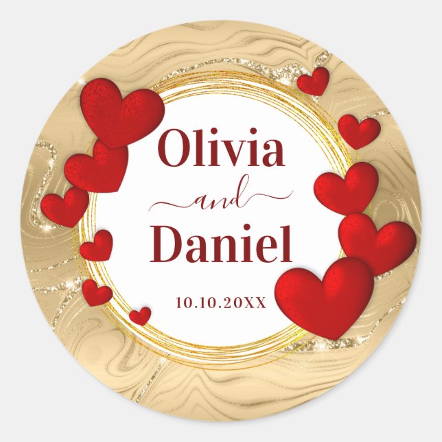 Save the Date, Personalised Wedding Red Hearts  Classic Round Sticker (Front)