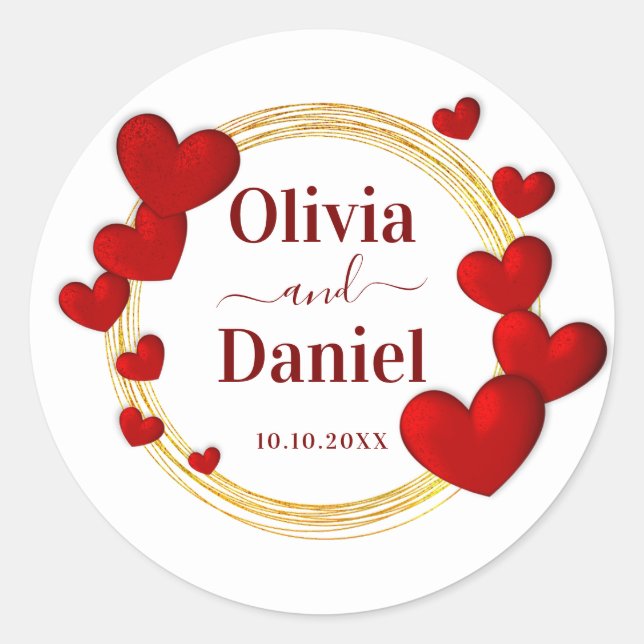 Save the Date, Personalised Wedding Red Hearts  Classic Round Sticker (Front)