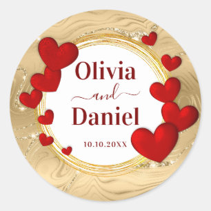 Save the Date, Personalized Wedding Red Hearts  Classic Round Sticker