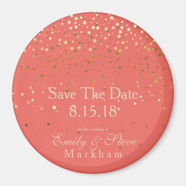 Save The Date Petite Golden Stars Magnet-Coral Magnet (Front)