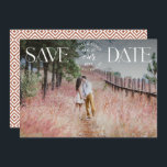 Save the Date Photo Announcement Fancy overlay<br><div class="desc">Share the news in style with these modern engagement announcements! The announcement features a white trendy lettering overlaying your horizontal engagement photo. Personalise the front of the announcement by adding your names and additional details. The card reverses to a elegant pattern.</div>