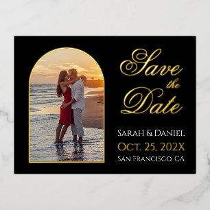 Save the Date Photo Arch Black Gold Elegant Script Foil Invitation Postcard