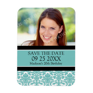 Save the Date Photo Birthday Magnet Aqua Damask