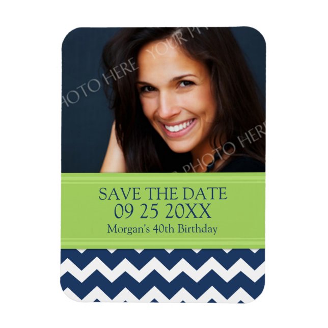 Save the Date Photo Birthday Magnet Blue Chevron (Vertical)