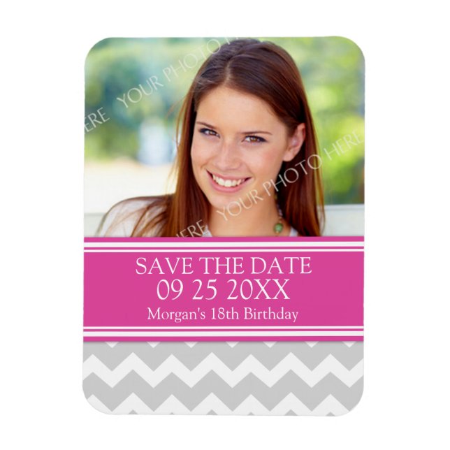 Save the Date Photo Birthday Magnet Grey Chevron (Vertical)