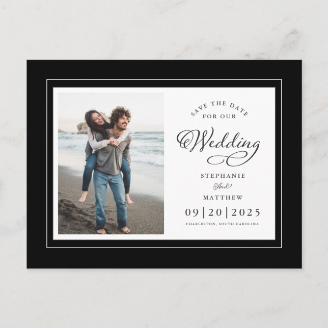Save The Date Photo Black & White Elegant Wedding Announcement Postcard (Front)