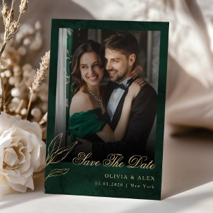Save The Date Photo Botanical Emerald Gold Wedding Invitation