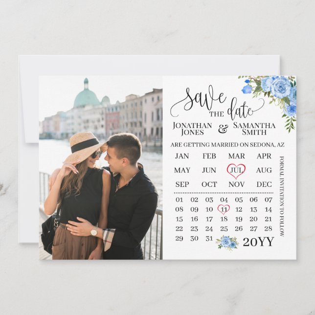 Save the Date Photo calendar Blue floral wedding Invitation (Front)