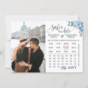 Save the Date Photo calendar Blue floral wedding Invitation