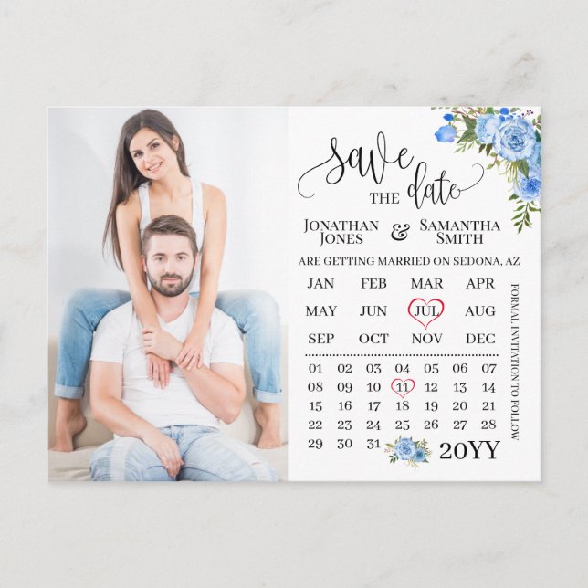 Save the Date Photo calendar Blue floral wedding Postcard (Front)