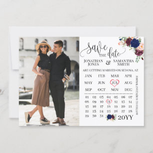 Save the date Photo calendar navy burgundy wedding Invitation
