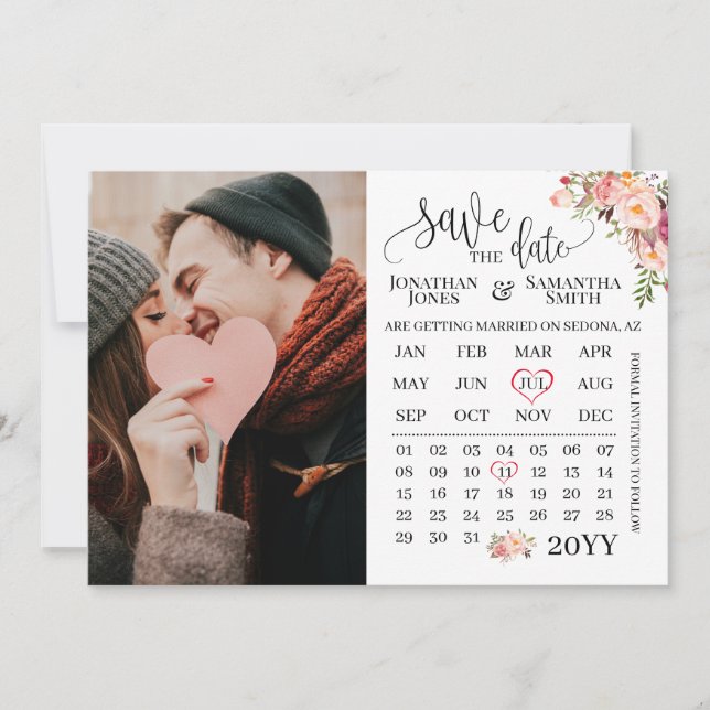 Save the Date Photo calendar Pink floral wedding Invitation (Front)