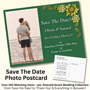 Save The Date, Photo -Emerald Green & Gold Announcement Postcard