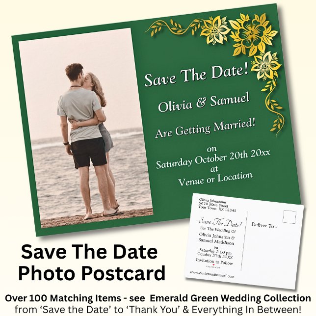 Save The Date, Photo -Emerald Green & Gold Announcement Postcard (Creator Uploaded)
