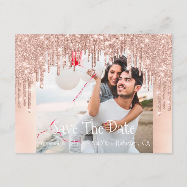 Save The Date Photo Glitter Engagement Rose Blush Announcement Postcard (Front)