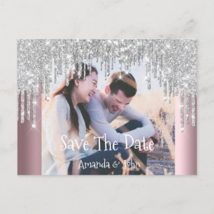 Save The Date Photo Glitter Engagement Rose Grey Announcement Postcard