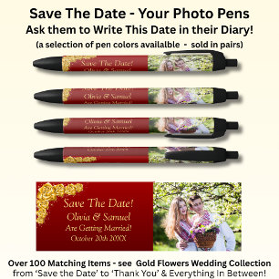 Save The Date - Photo + Gold Flowers Maroon Red Black Ink Pen