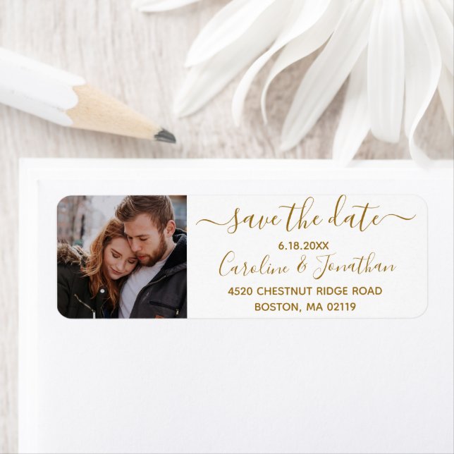 Save the Date Photo Gold Script Return Address (Insitu)