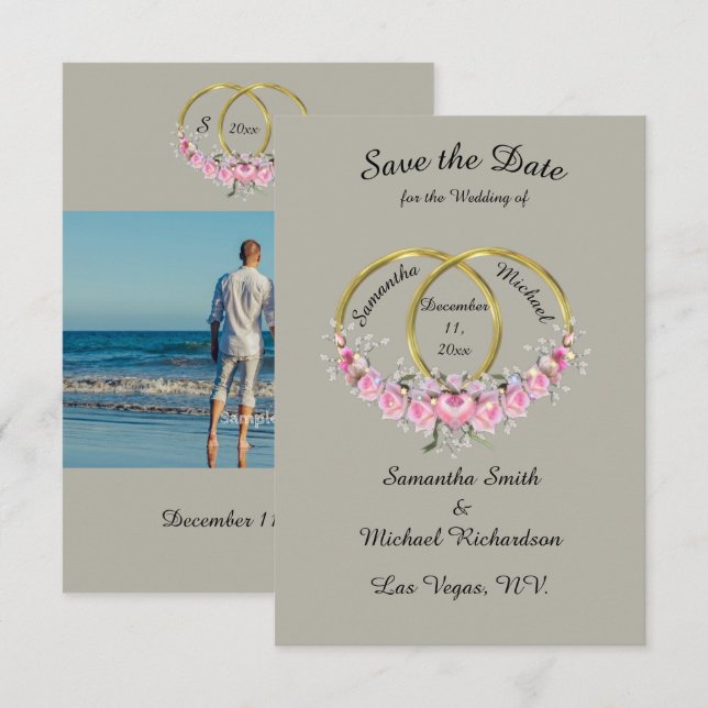 Save the Date Photo Grey Pink Flowers Rings (Front/Back)