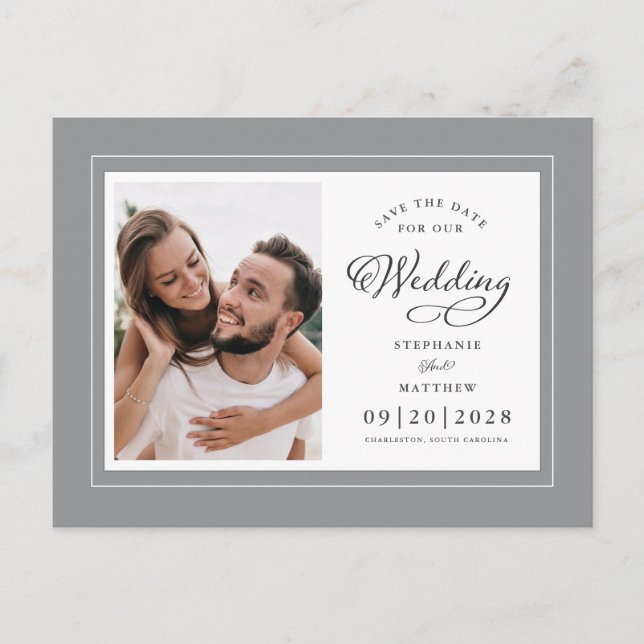 Save The Date Photo Grey & White Elegant Wedding Announcement Postcard (Front)