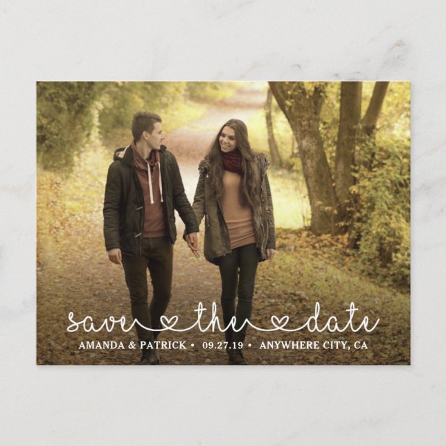 Save the Date Photo Heart Typography Wedding Announcement Postcard (Front)