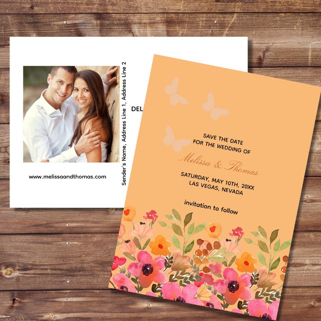 Save The Date Photo Invitation Pink Peach Flowers (Creator Uploaded)