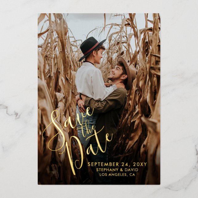 Save the Date Photo Modern Fun Script Real Gold (Front)