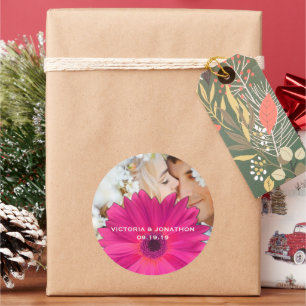 Save the Date Photo Pink Gerber Daisy Wedding Classic Round Sticker