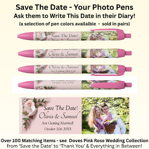 Save The Date - Photo + Pink Roses & Doves Wedding Black Ink Pen