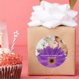 Save the Date Photo Plum Gerber Daisy Wedding Classic Round Sticker