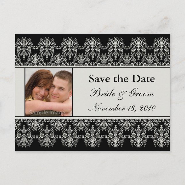 Save the Date Photo Postcard - Damask (Front)