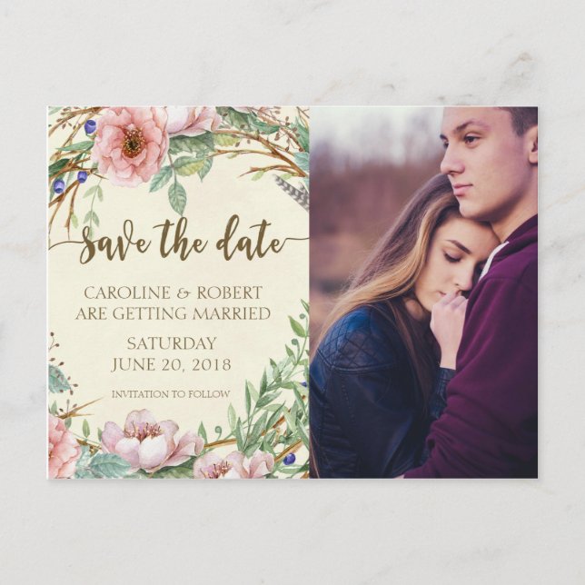 Save the date photo postcard personalized floral (Front)