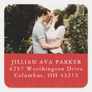 Save the date photo red return address square sticker