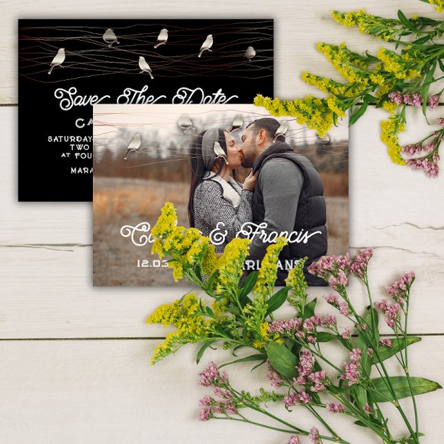 Save The Date Photo Rose Grey Black Birds Digital Invitation (Save The Date Photo Rose Gray Black Birds Digital Invitation)