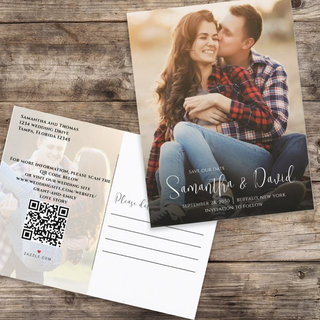 Save the Date Photo Script QR Code Overlay Announcement Postcard (Creator Uploaded)