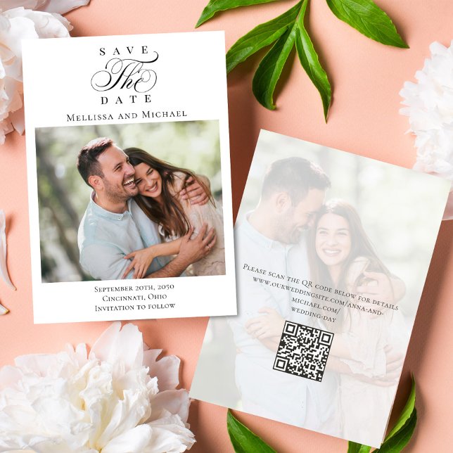 Save the Date Photo Script Wedding  (Save the date photo card with a scannable QR code with calligraphy script. )