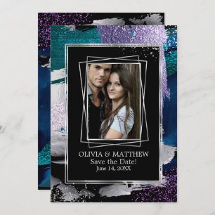 Save the Date   Photo Silver Teal Lilac Abstract Invitation