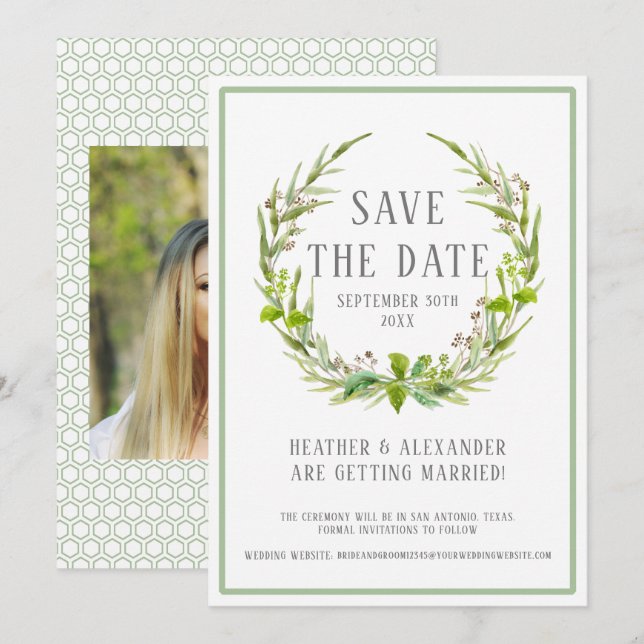 Save the Date Photo Template Watercolor Wreath Art (Front/Back)