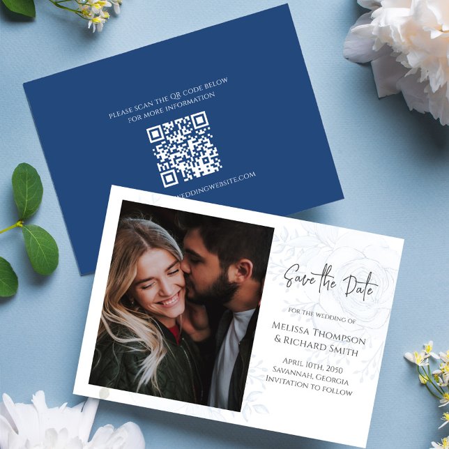 Save the Date Photo Wedding Blue Floral (Floral blue elegant Photo save the date card with QR code. )