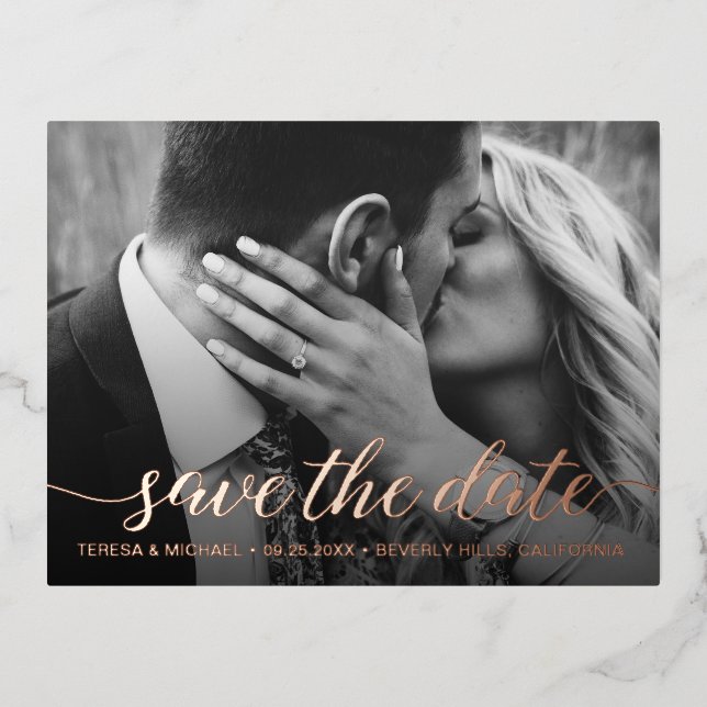 Save the date Photo Wedding Modern Rose Foil Invitation Postcard (Front)