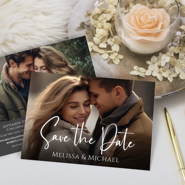 Save the Date Photo Wedding Script (Wedding save the date photo card with QR code and a two photo template. )
