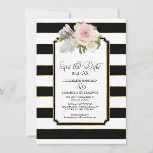 Save the Date Photo Wide Stripe Faux Gold Floral Invitation